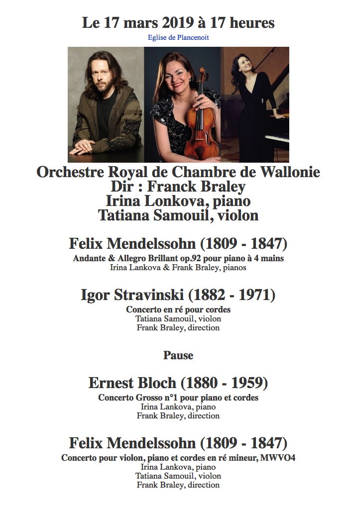 Affiche. Lasne. Franck Braley, Irina Lonkova, piano, Tatiana Samouil, violon. 2019-03-17
